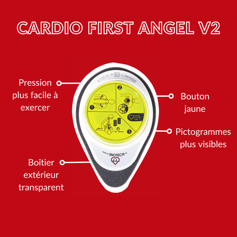 Présentation changements Cardio First Angel v2 - pression plus facile à exercer, bouton jaune, pictogramme plus visible, boîtier extérieur transparent.